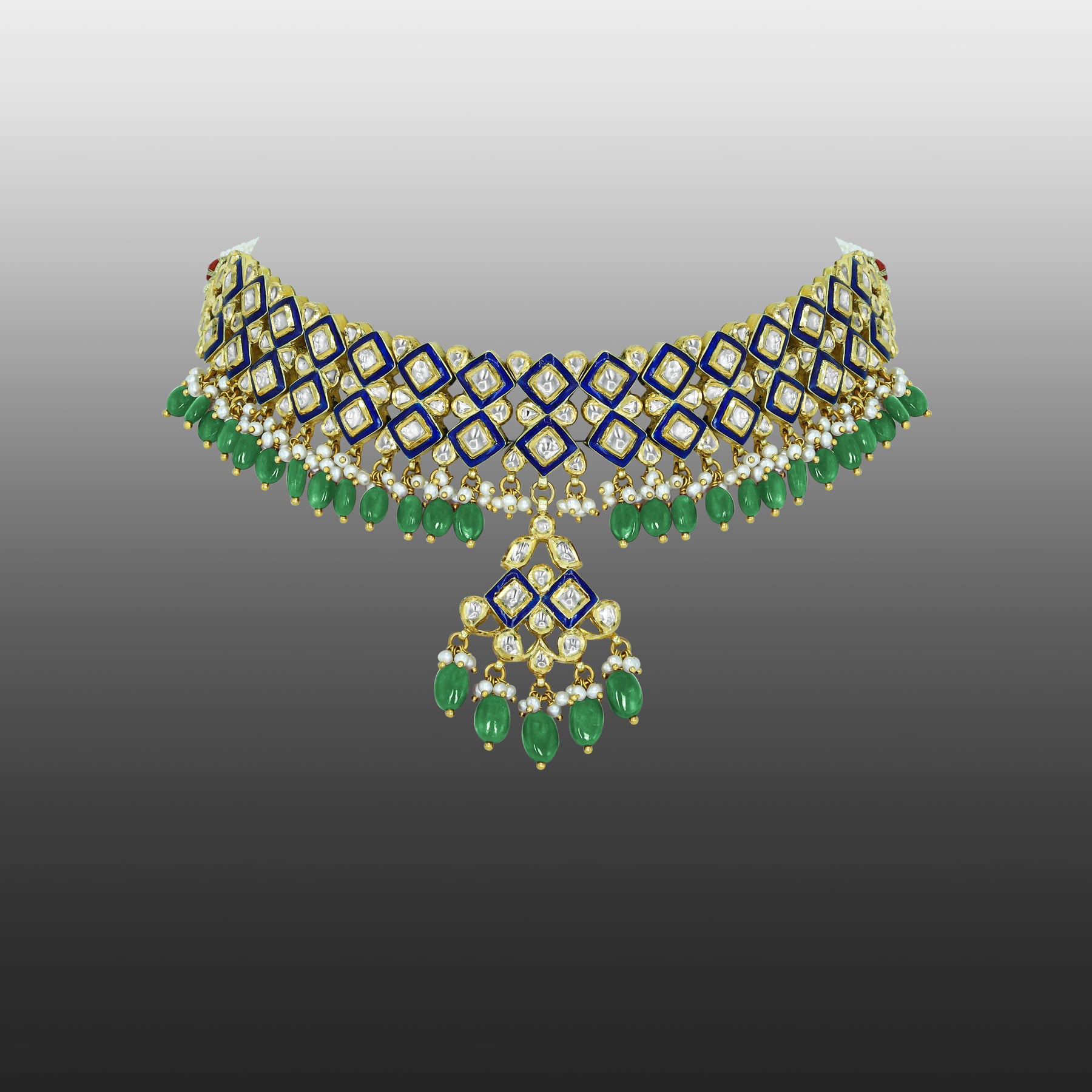 Blue Enamel Polki Choker with Emerald Maniyas and Pearl Clusters